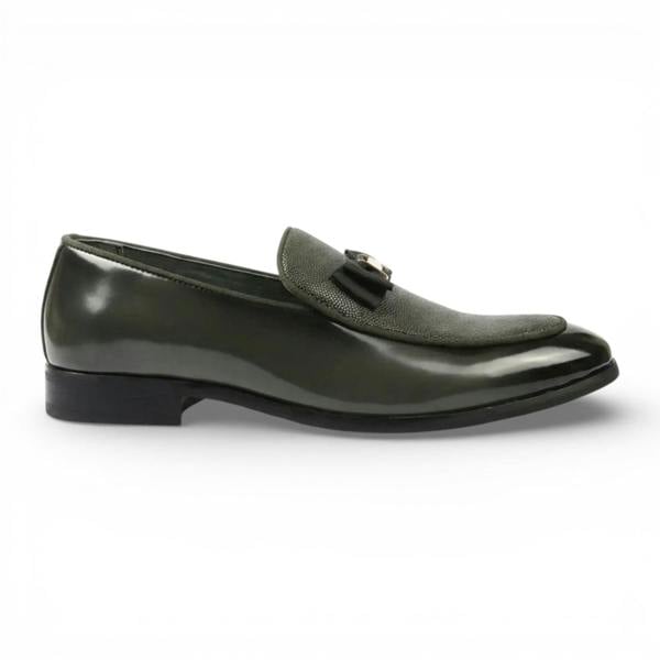 Dolcetto Mens Olive Green Textured Front Iconic Buckle Bow Loafers Shoes