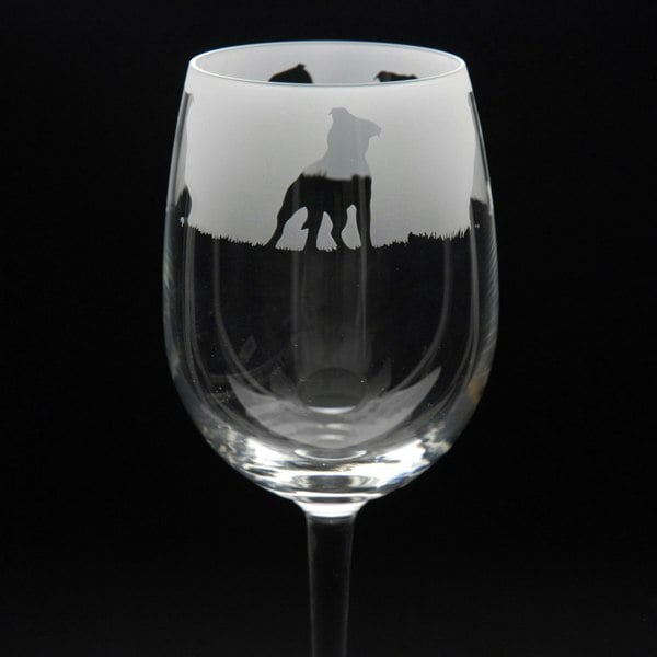 Glyptic Glass Art Staffy Dog Crystal Wine Glass - Hand Etched/Engraved Gift