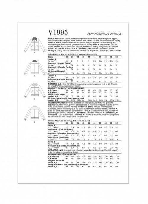 Vogue Sewing Pattern 1995, Jackets for Men, AA (34-36-38-40-42) - Advanced