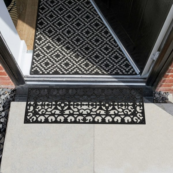 JVL Lexi Wrought Iron Effect Rubber Step Mat, Black, 25x75cm - Set of 2