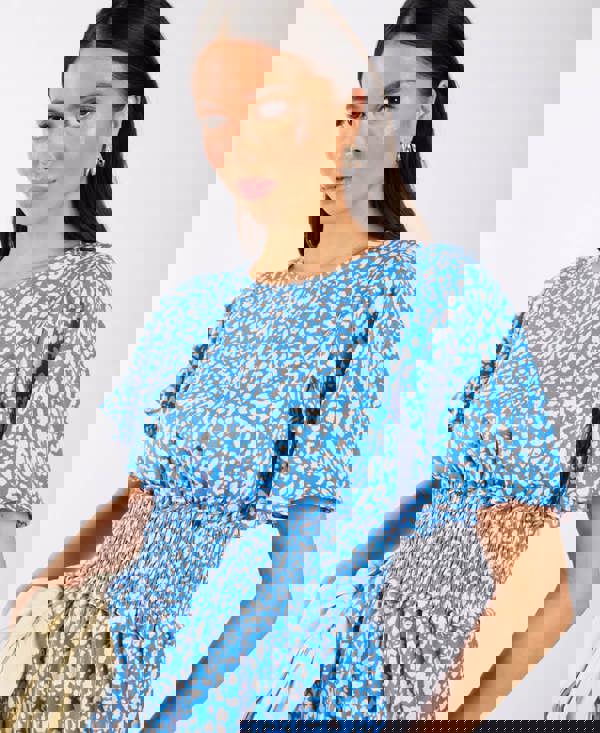 Blue Animal Smock Waisted Midi Dress