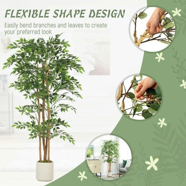 180cm Artificial Ficus Tree, Fake Potted Tree with Solid Wood Trunk and Pot for Indoor, Green