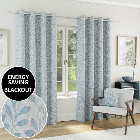 Enhanced Living Sherwood 100% Blackout Jacquard Leaf Curtains - Thermal/Energy Saving Pair with Eyelets For Living Room & Bedrooms