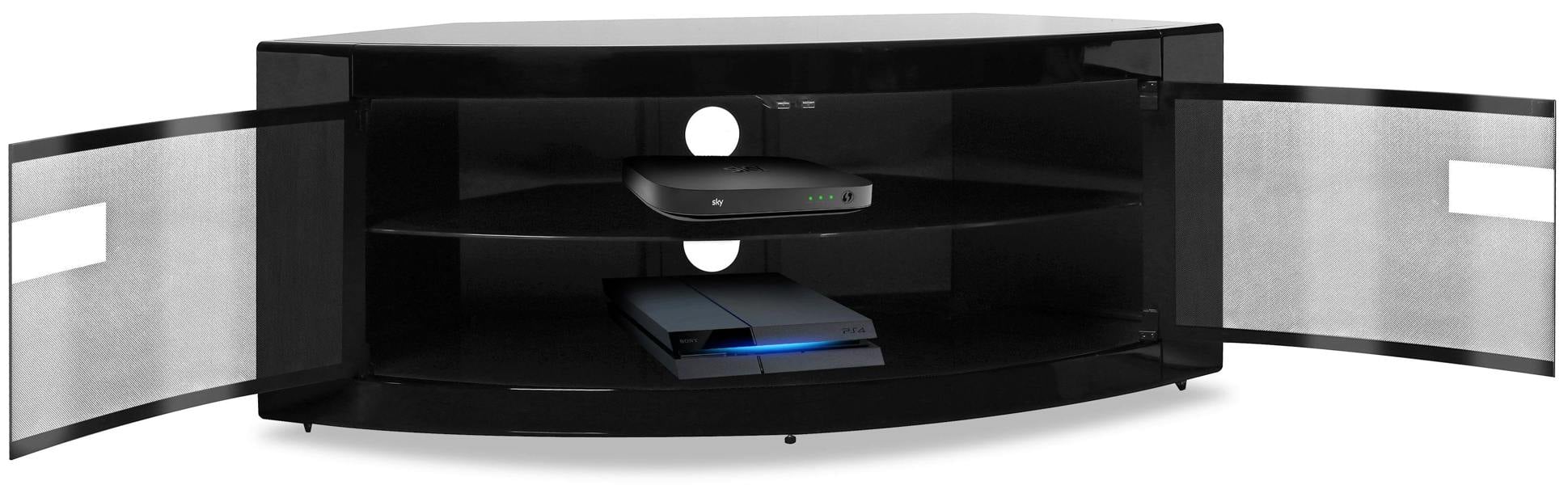 Homeology PANGEA Gloss Black Beam-Thru Glass Doors Curved Unit Tru-Corner 32"-50" TV Cabinet