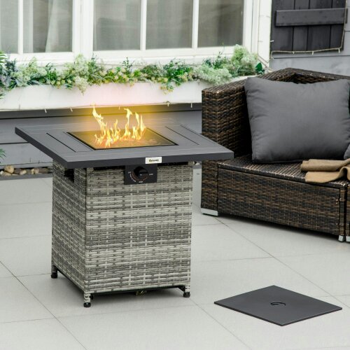 Wyld Haus Rata Faux Rattan Grey Square Gas Fire Pit Table With Rain Cover Mesh Lid And Lava Stones