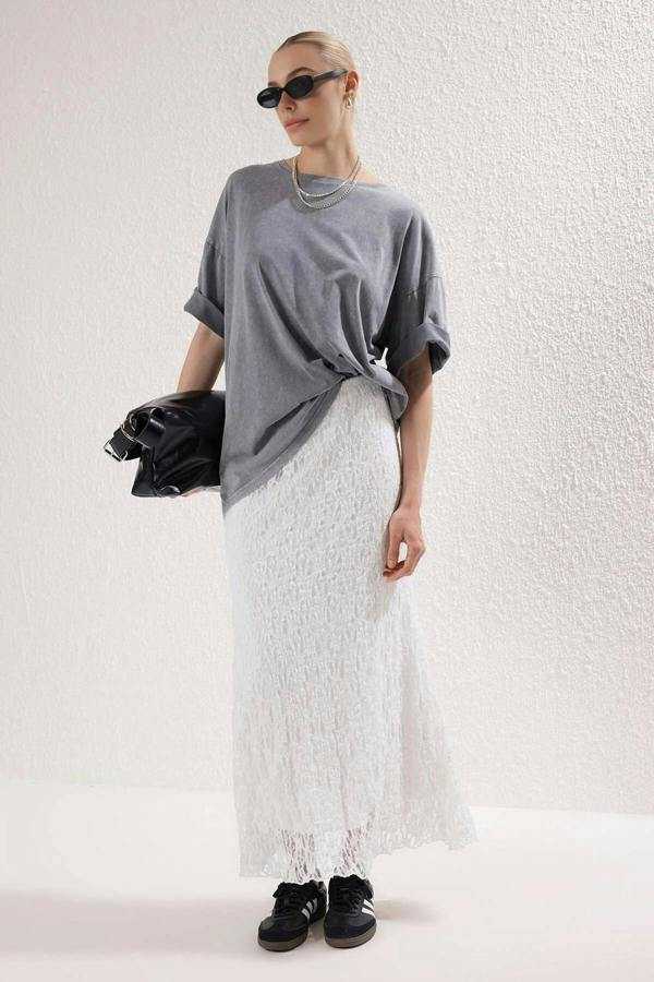 WOVCOR Skater Lace Midi Stretch Knit Skirt