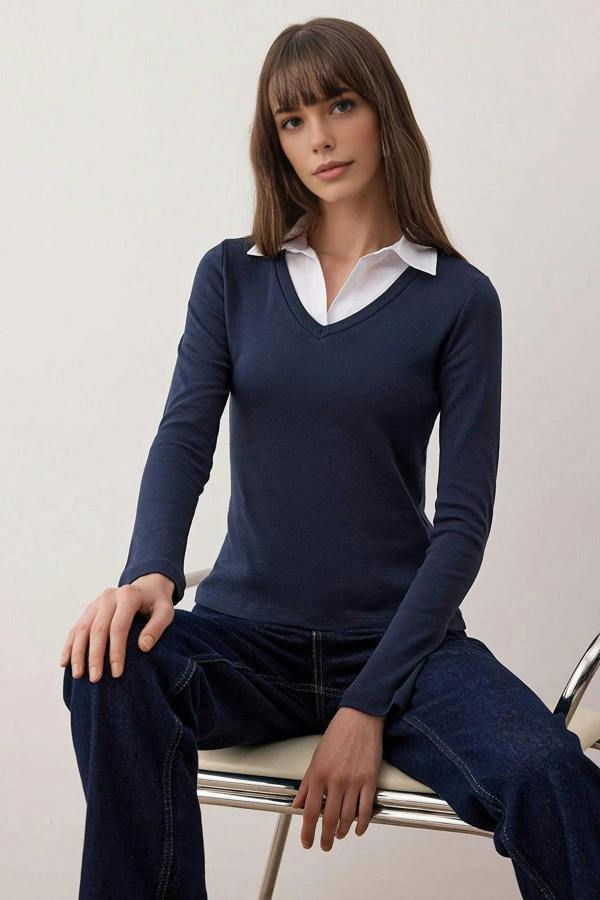 WOVCOR Woven Shirt Collar Knit Blouse