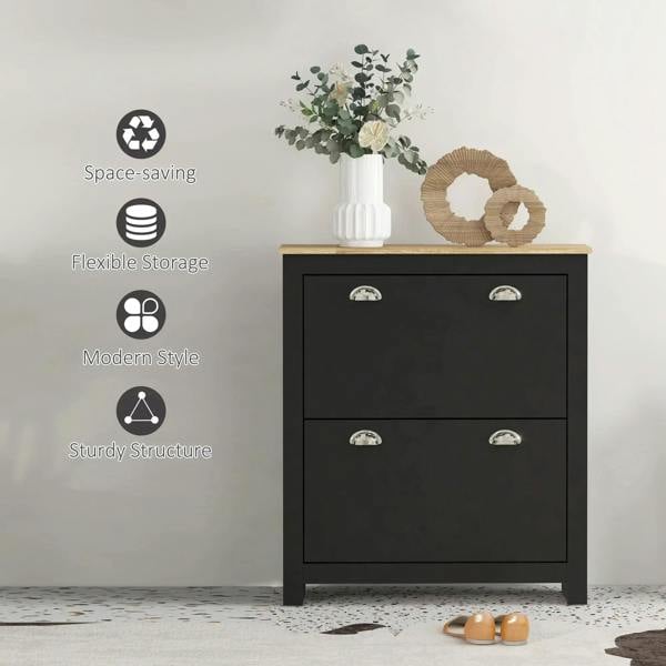 Black shoe cabinet with two drawers and wood top, compact space-saving design