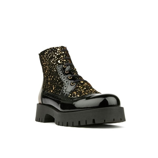 Embassy London Hatter Platform - Drops - Women's ankle boot in golden paint drops on black leather