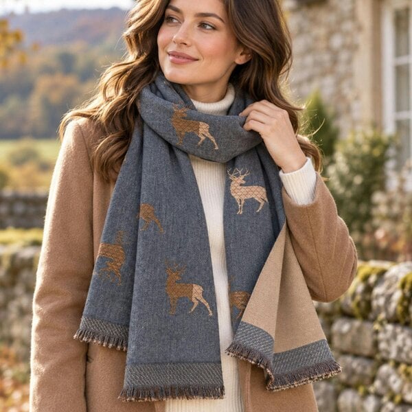 Love EMVY Reversible Stag Wool Blend Scarf - Grey