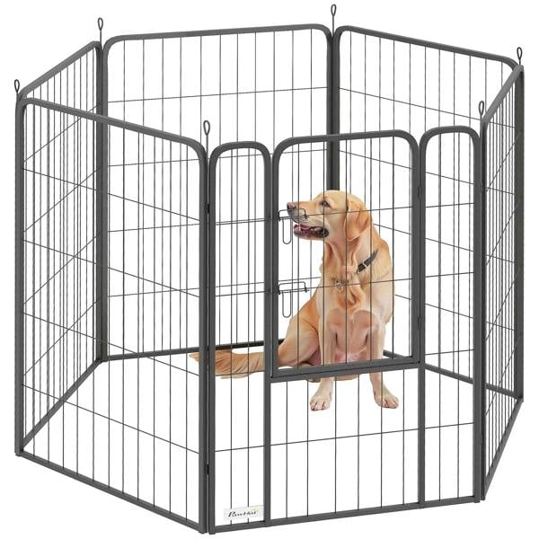 Black metal six-panel dog playpen with hinged door and wire grid panels
