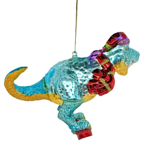 Ferncrest Trading Surfing Dinosaur Glass Christmas Tree Bauble