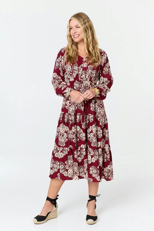 Red | Floral Long Sleeve Relaxed Midi Dress