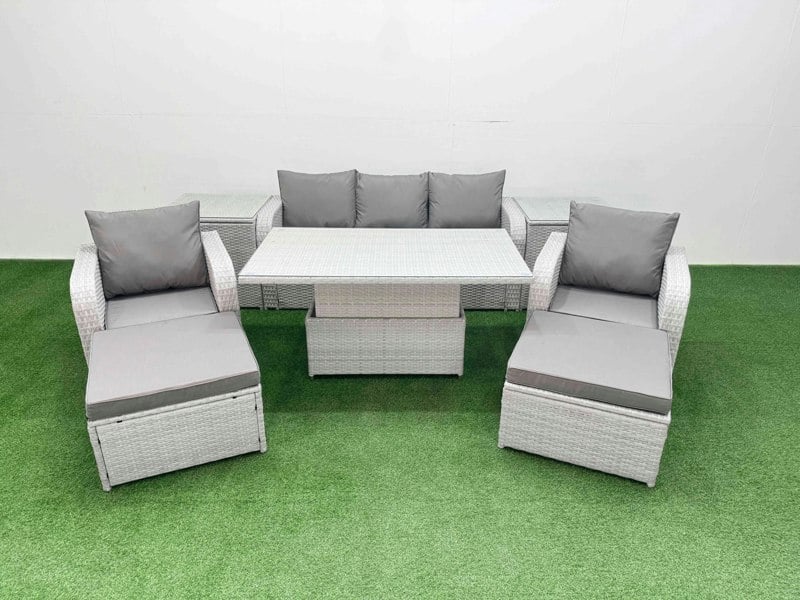 Fimous Light Grey PE Rattan Outdoor Lounge Set - Reclining Chair, Adjustable Lifting Dining/Coffee Table, 2 Side Tables & 2 Big Footstools