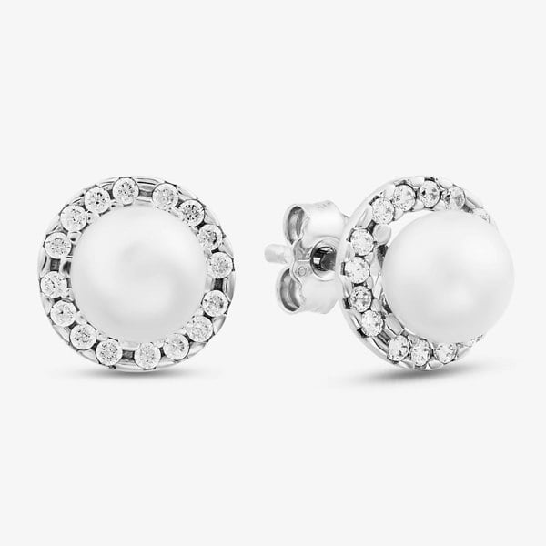 T. H. Baker 9ct White Gold Cultured Pearl Crystal Halo Stud Earrings 5.58.7829