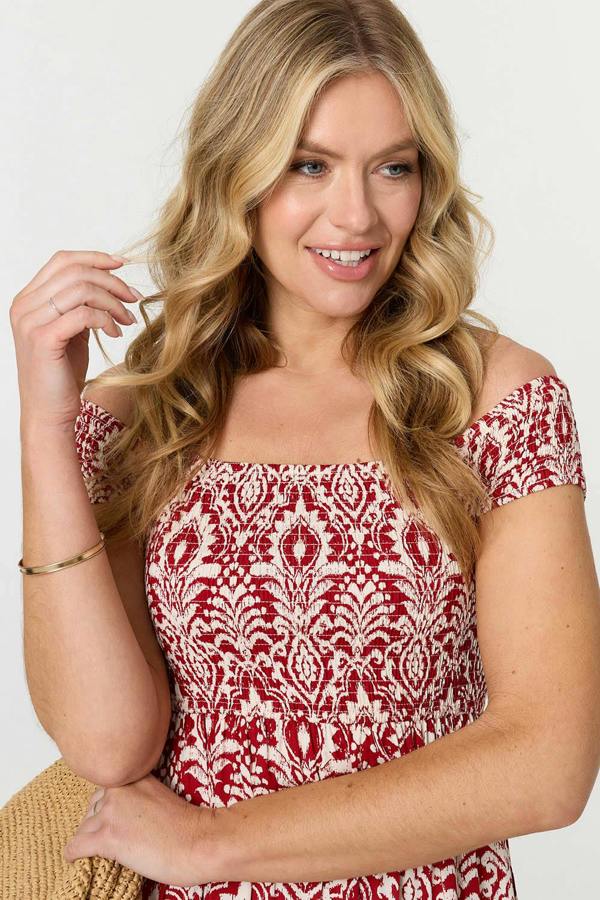 Red | Printed Cap Sleeve Bardot Top Maxi Dress