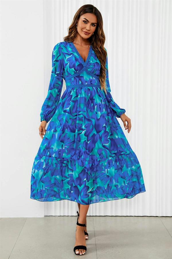 FS Collection Floral Print Long Sleeve Maxi Dress In Blue