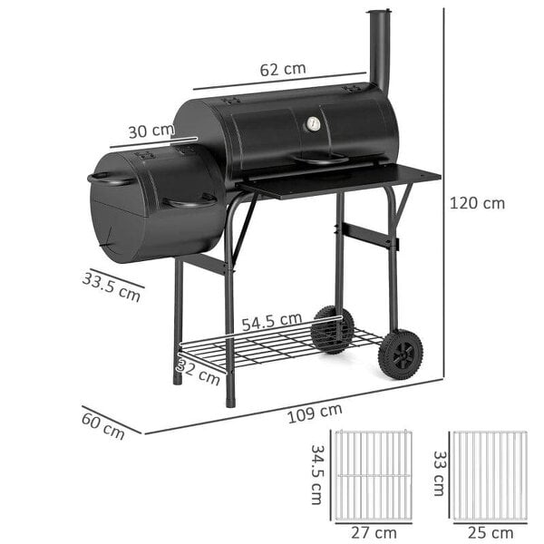 Bobobiy Barbecue Grill Portable Outdoor Charcoal BBQ Grill with Offset Smoker 109 x 60 x 120 cm Black
