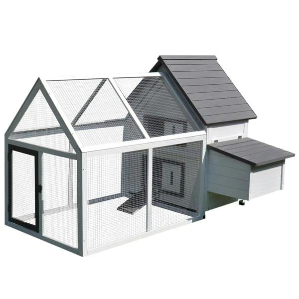 White wooden chicken coop with wire-mesh run and dark grey roof panels