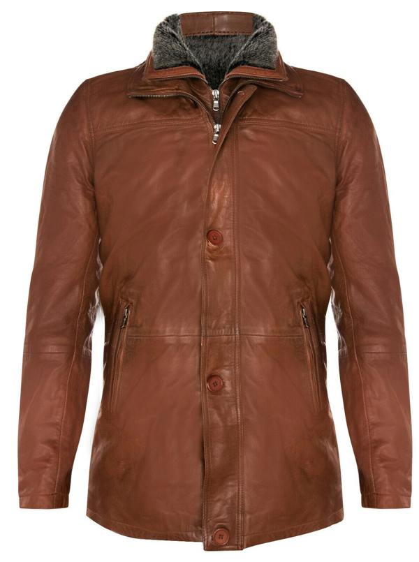 Infinity Leather Mens Removable Collar Mid Length Warm Jacket