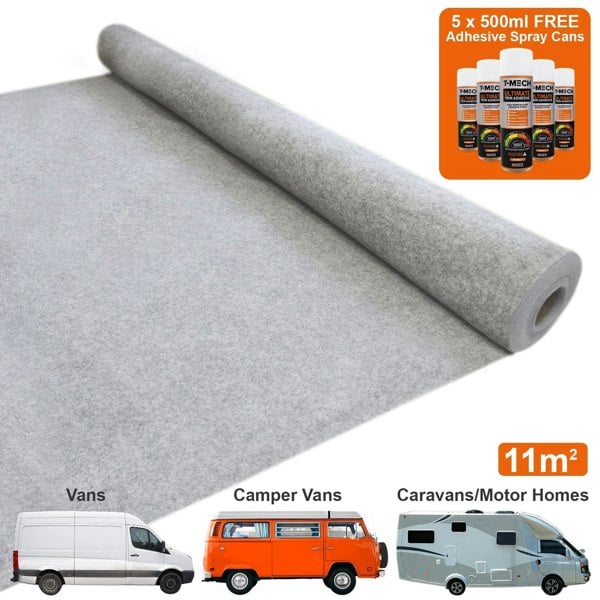 T-mech Van Carpet Lining / Silver Grey & 5 Adhesive Cans