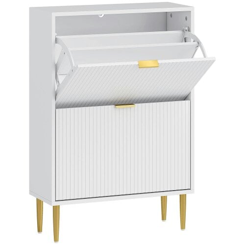 Wyld Haus Baviva Wooden White Elegant 2 Drawer Shoe Cabinet Ribbed Design