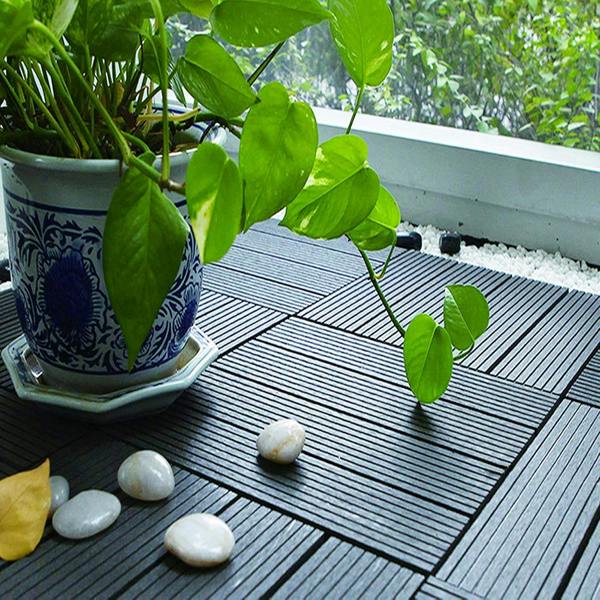 Gr8 Garden 11x WPC Stripe Composite Interlocking Decking Tiles – Black Outdoor Garden Flooring