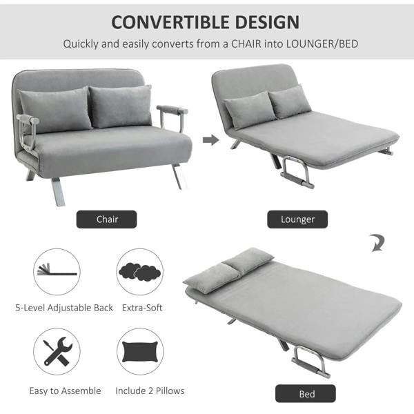 Convertible light grey sofa bed showing chair, lounger, and bed positions