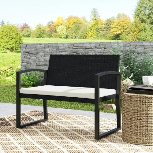 Wyld Haus Lalepa Black Rattan Beige 2 Seater Outdoor Garden Bench