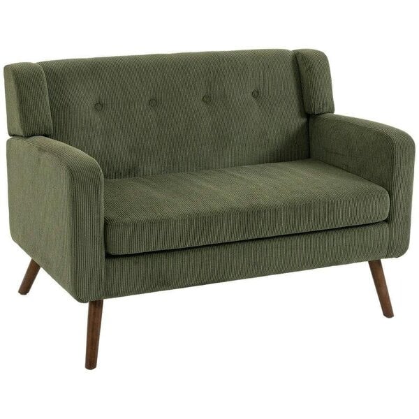 2 Seater Sofa, 118 cm Corduroy Small Loveseat with Spring Cushion, Wood Legs for Small Space, Living Room, Dark Green