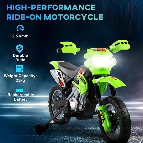 Green kids electric ride-on motorcycle scooter with glowing headlight