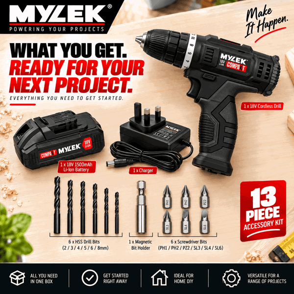 Mylek 18V Cordless Li-ion Drill And 13 Piece Accessory Set