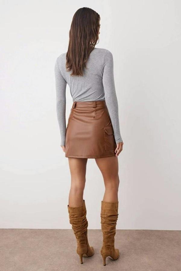 WOVCOR Faux Leather High Waist Mini Knit Skirt with Cargo Pocket