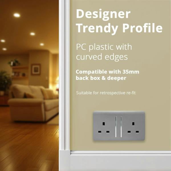 Trendi Switch 2 Gang Long Switched Plug Socket in Cool Grey