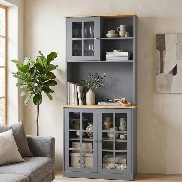 Kitchen Pantry, Buffet Hutch with 3 Storage Cabinets, 2 Open Shelves and Large Countertop for Kitchen, Grey
