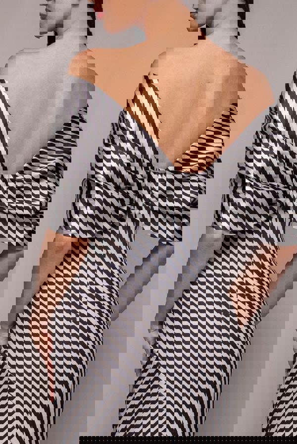 Stripe Off Shoulder Bow Back Satin Bow Maxi Dress - Black White DR5080