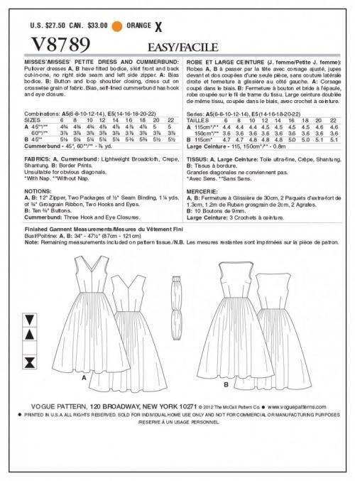 Vogue Sewing Pattern 8789, Dresses, Vintage Style for Women, 6-8-10-12-14 - Easy