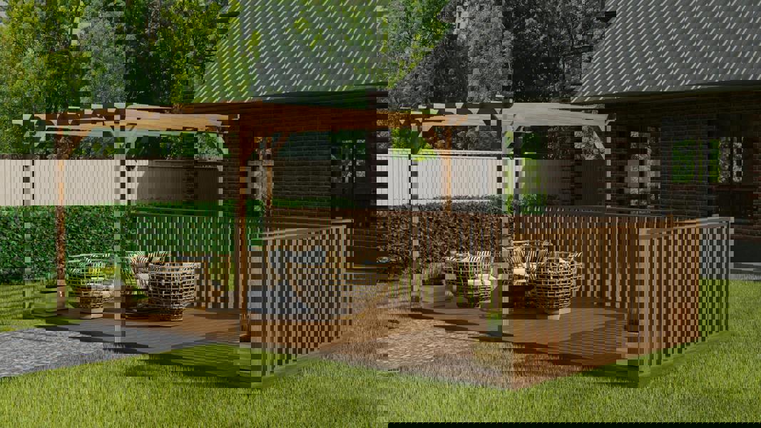 Rectangular pergola and decking kit with balustrade, made from pressure treated timber and high quality pergola posts, featuring a raised wooden deck, vertical slatted balustrade, and an open pergola roof frame.