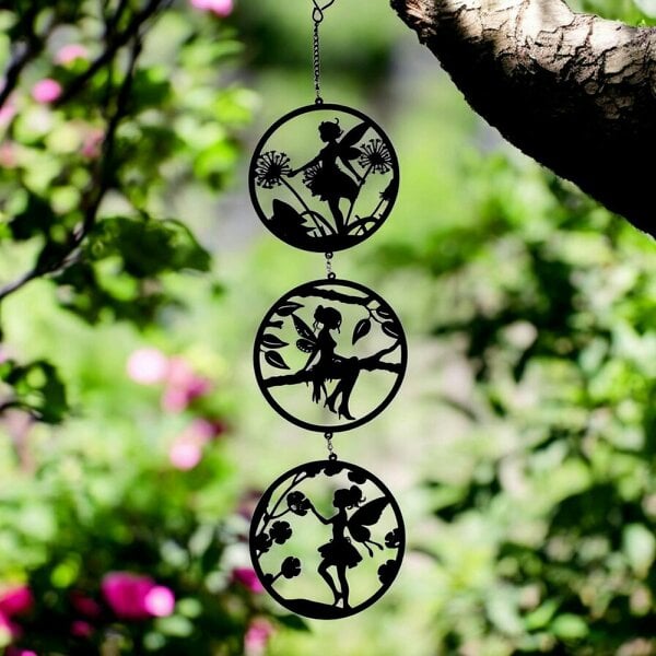 EDH Door Hardware Black Fairy Silhouette Hanging Trio Spinner– 60cm x 15cm | 3-Tier Kinetic Wind Spinner for Garden & Home