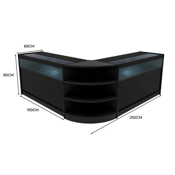 Theseus LED Shop Counter Set in sleek black, featuring curved design, glass display tops, and ample storage shelves, dimensions 210cm x 90cm x 60cm