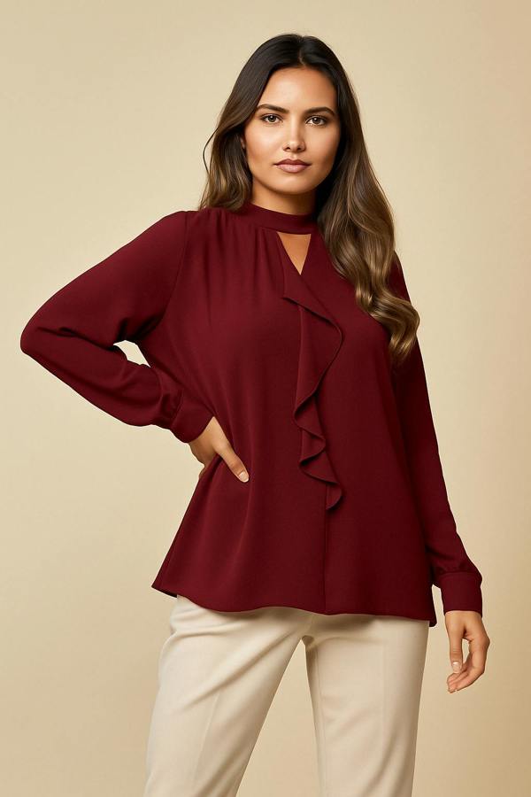 Hoxton Gal Oversized Long Sleeves Frill Front Blouse with Detailed Neckline in Burgundy