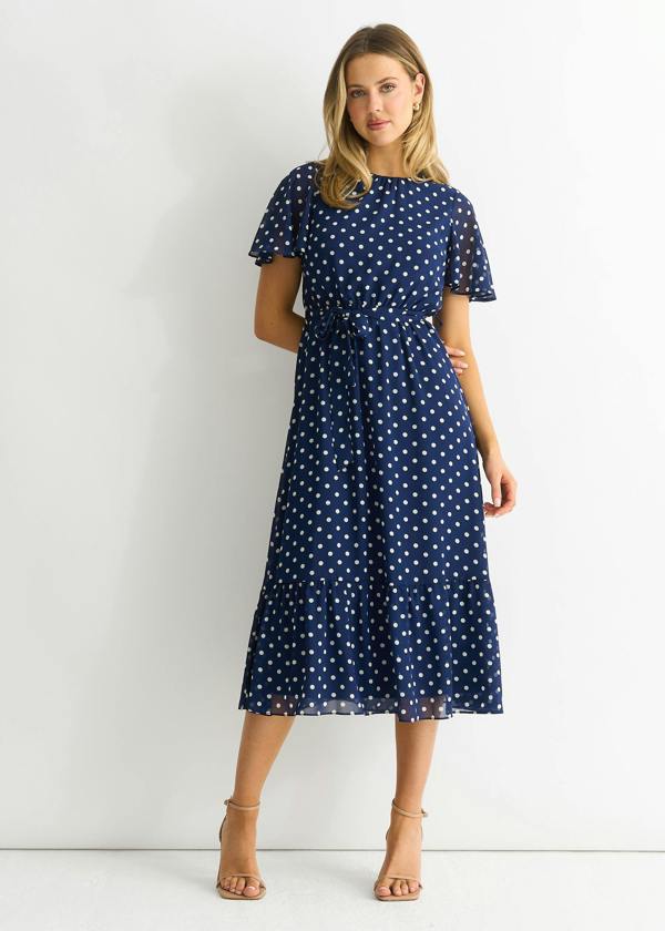 Gini London Navy Spot Chiffon Angel Sleeves Midi Dress