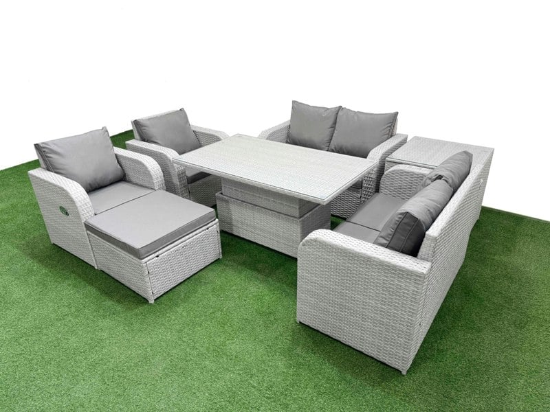 Fimous 7 Seater Light Grey Rattan Outdoor Reclining Sofa Set - Adjustable Lifting Dining/Coffee Table, Footstool & Side Table