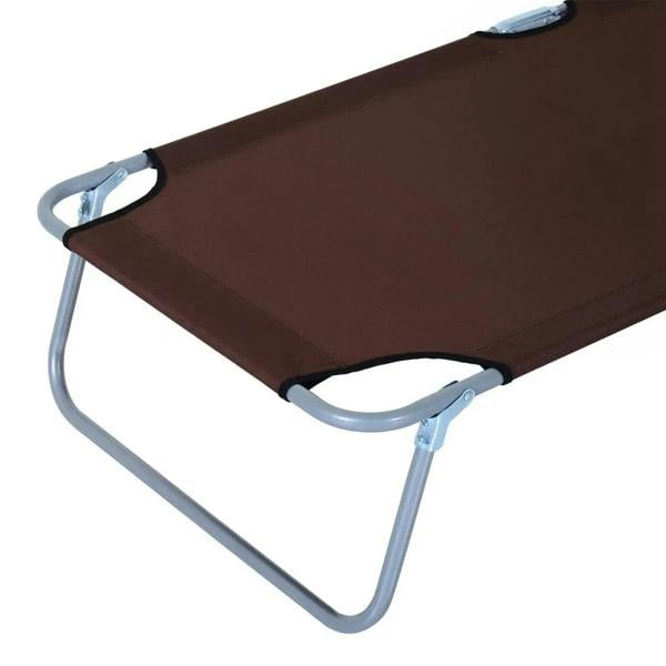 Close-up of brown sun lounger seat fabric with silver metal base frame