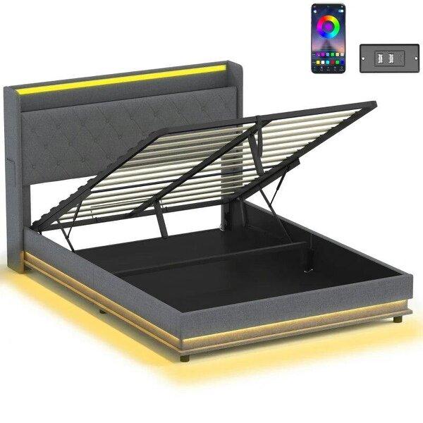 Bobobiy 5ft King Bed Frame with Headboard, Platform Bed Frame with Hydraulic Storage, LED Lights and Charging Station, Grey
