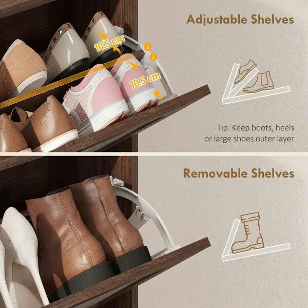 Shoe Cabinet with 2 Flip Drawers, Boho Narrow Shoe Storage Cabinet, Dark Brown