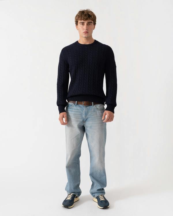 Outfit shot of Belstaff Mens Westport Crew Neck Cable Knit Jumper - Dark Ink