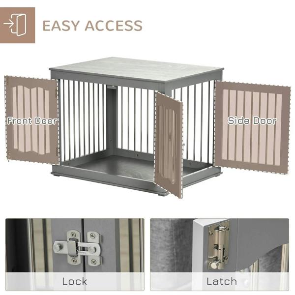 Grey dog crate end table with front and side doors open, lock and latch close details