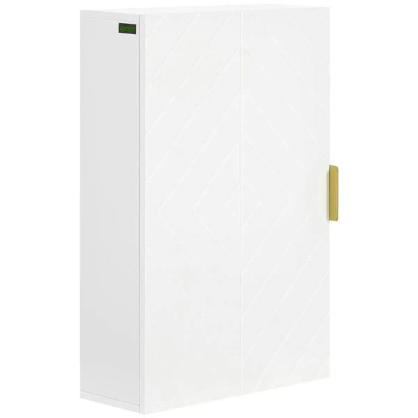 White bathroom wall cabinet with geometric door panel and gold bar handle.