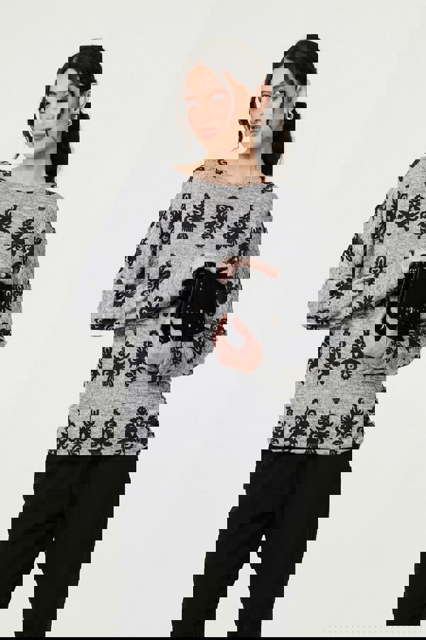 Grey | Printed Long Batwing Sleeve Relaxed Top
